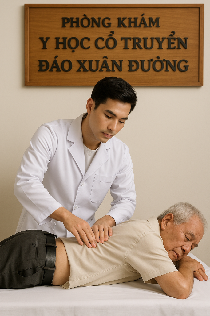 Ông cụ được thăm khám bởi thầy thuốc để tìm nguyên nhân và vị trí gây đau